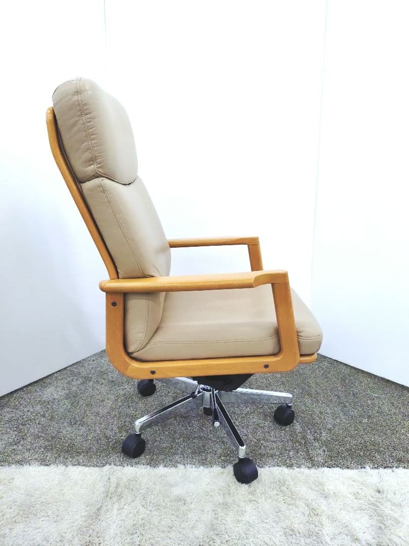 浜本工芸 無垢材 昇降式 レザー デスクチェア DSA-5200 回転チェア