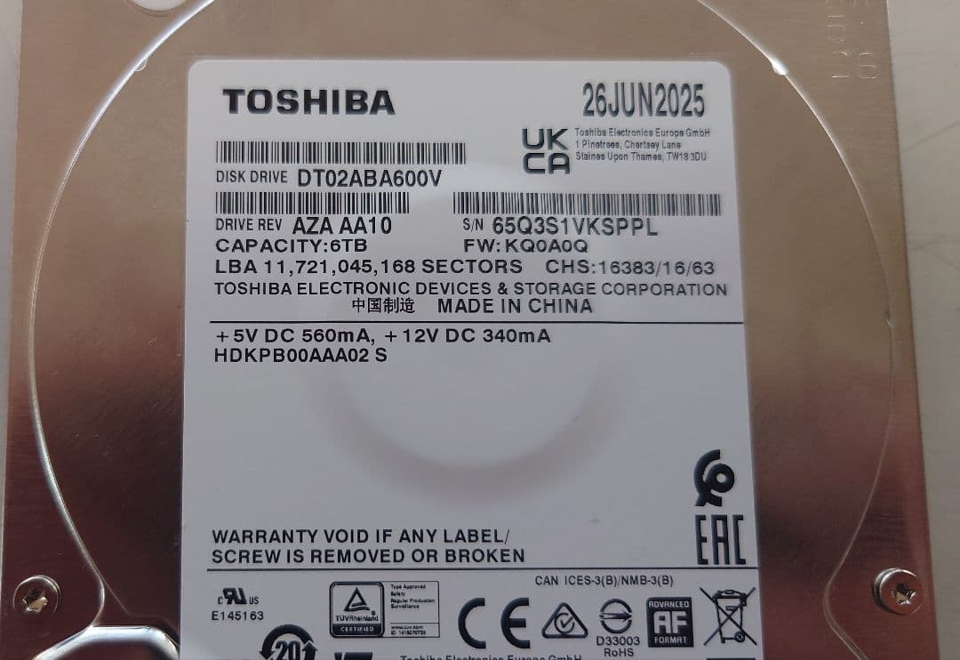 TOSHIBA DT02ABA600V 6TB　AVコマンド対応