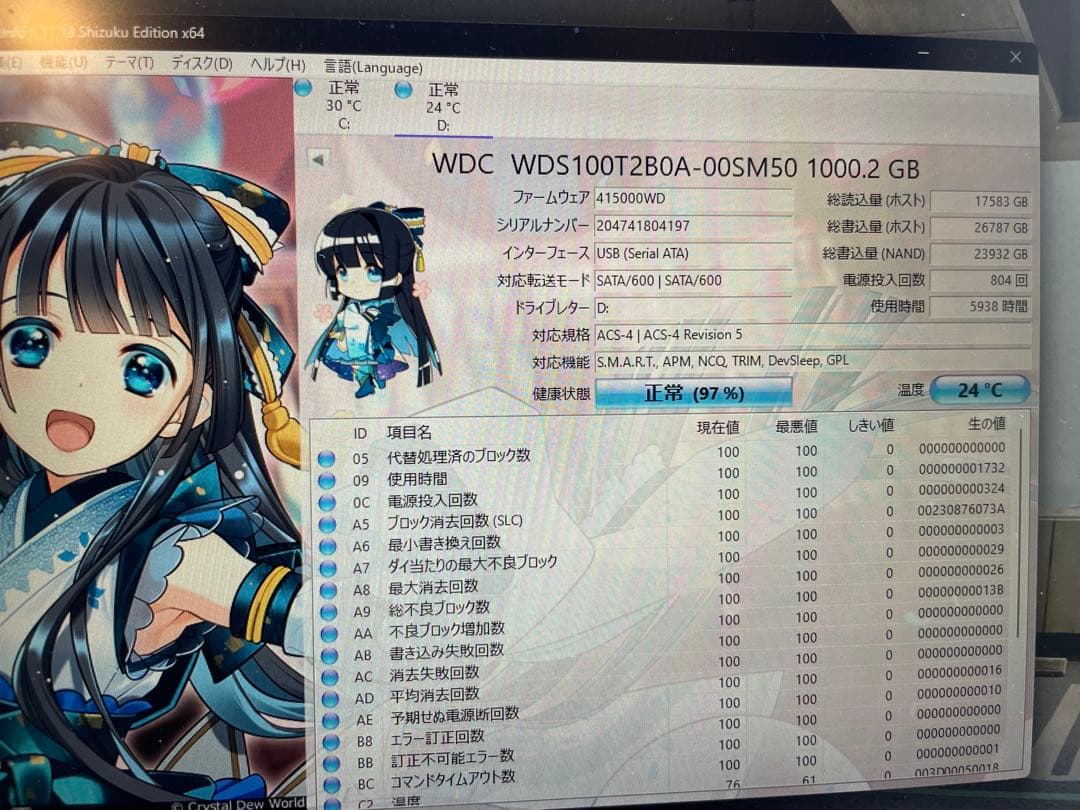 Western Digital SSD 1TB WD Blue 正常97%