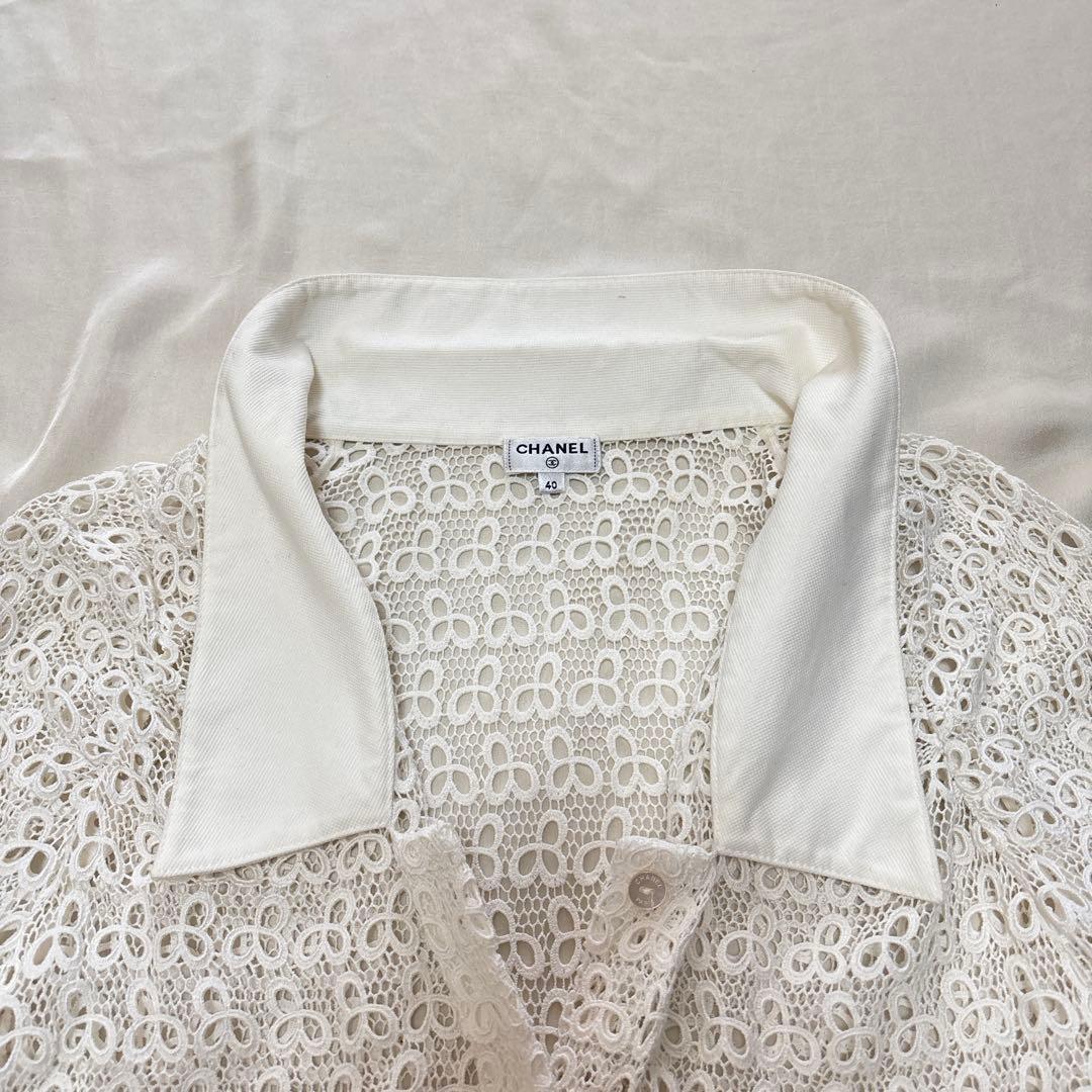 美品 CHANEL ホワイト レース 襟付き長袖カーディガン フレア 40