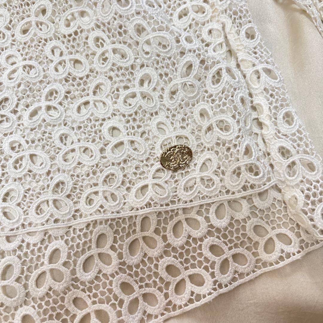美品 CHANEL ホワイト レース 襟付き長袖カーディガン フレア 40