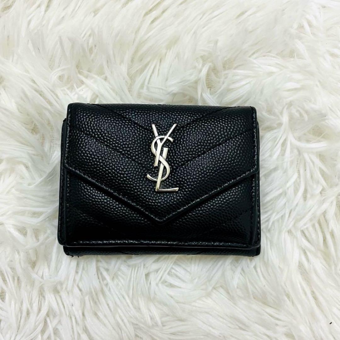 極美✨付属完備✨サンローラン 三つ折り財布 Vステッチ カサンドラ レザー 黒