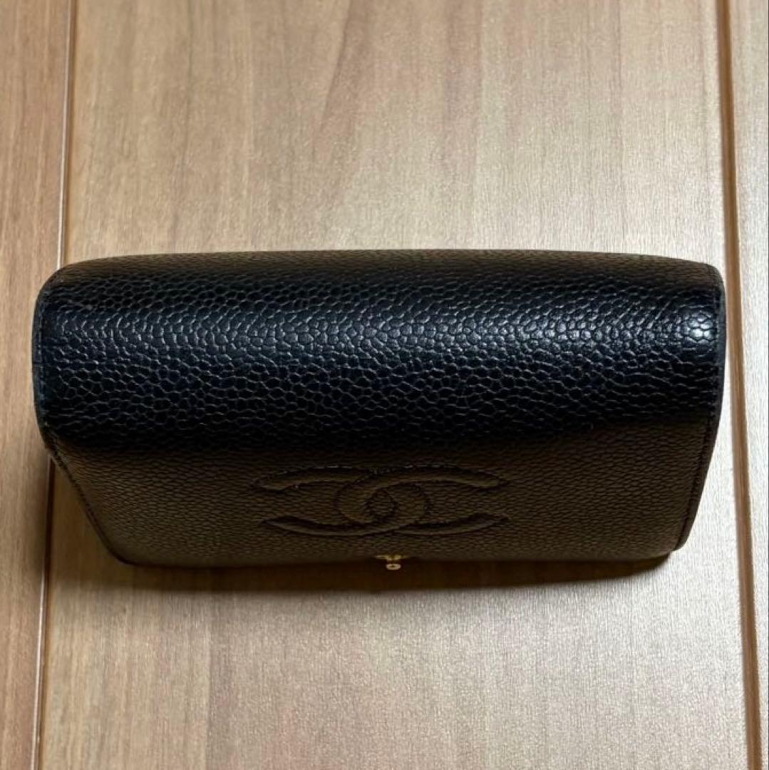 CHANEL シャネル キャビアスキン ココマーク がま口二つ折り財布 ブラック