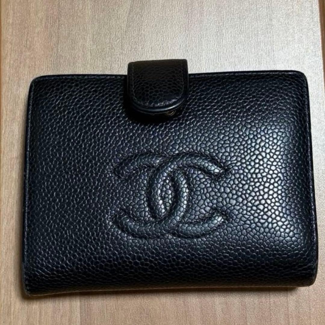CHANEL シャネル キャビアスキン ココマーク がま口二つ折り財布 ブラック