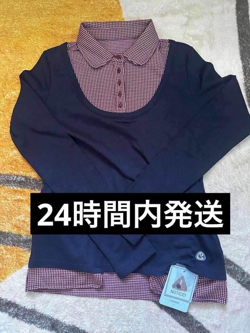 Coyseio ネイビー チェック長袖トップス