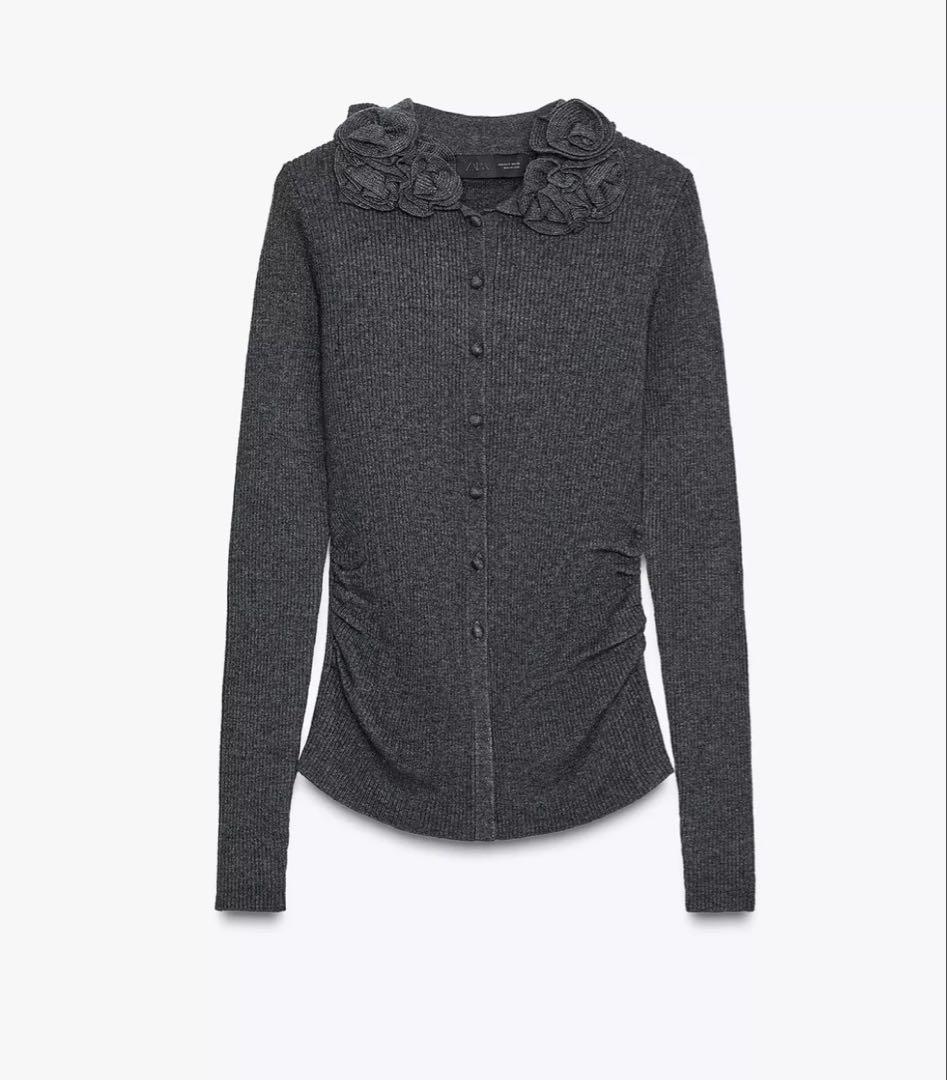 ZARA ウール混フラワーニットカーディガン