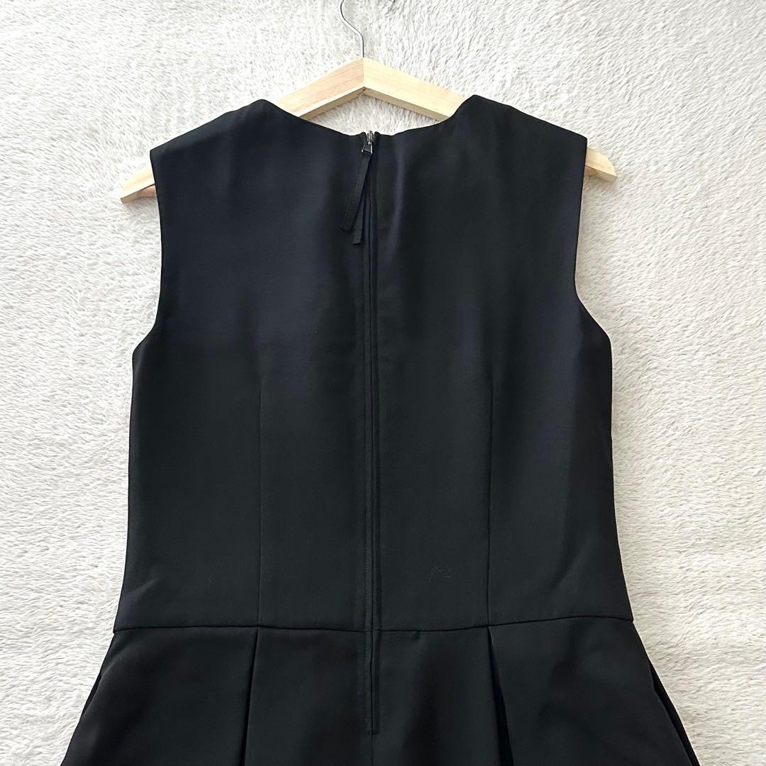 美品 FOXEY グログランリボン ノースリーブ フレア ワンピース 38 黒