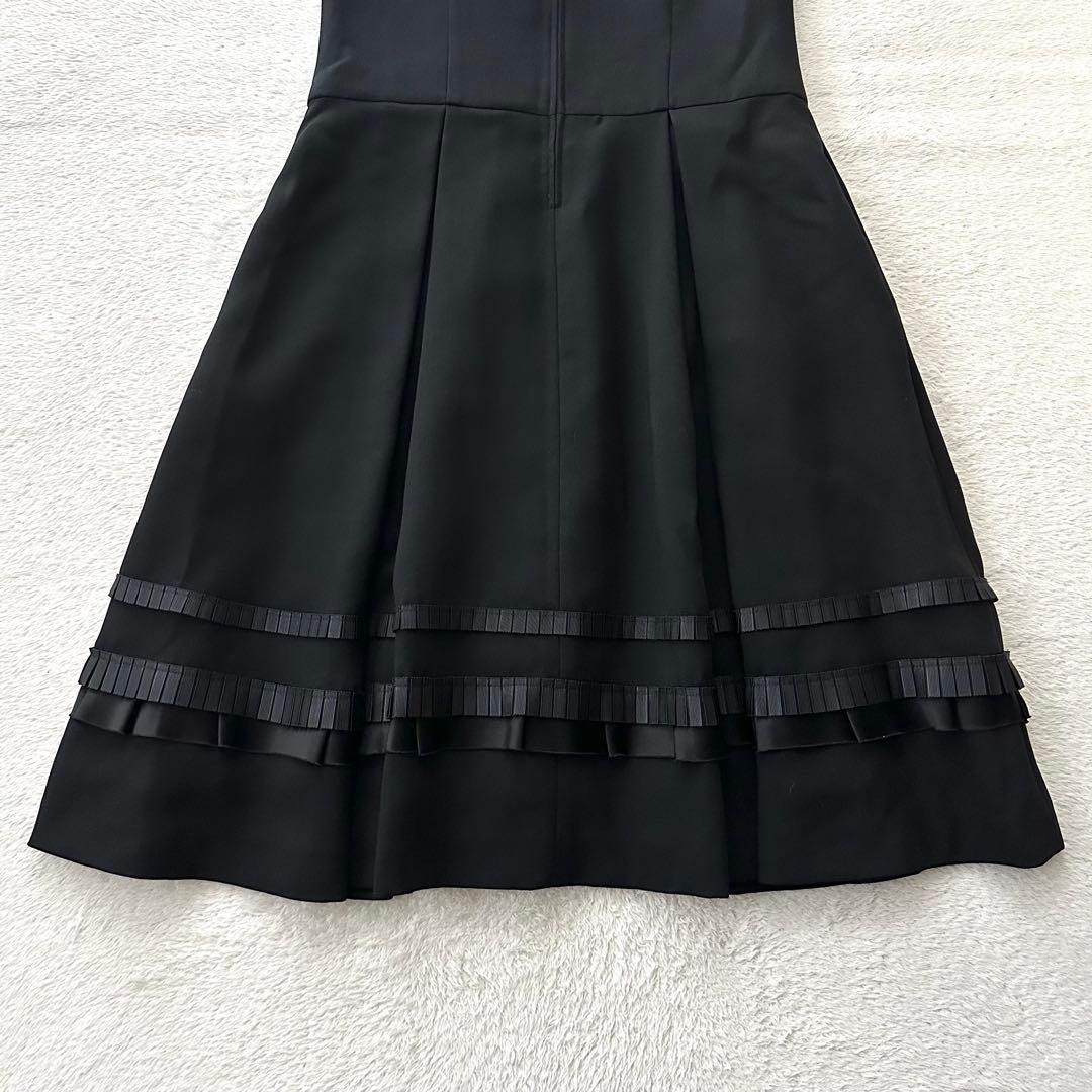 美品 FOXEY グログランリボン ノースリーブ フレア ワンピース 38 黒