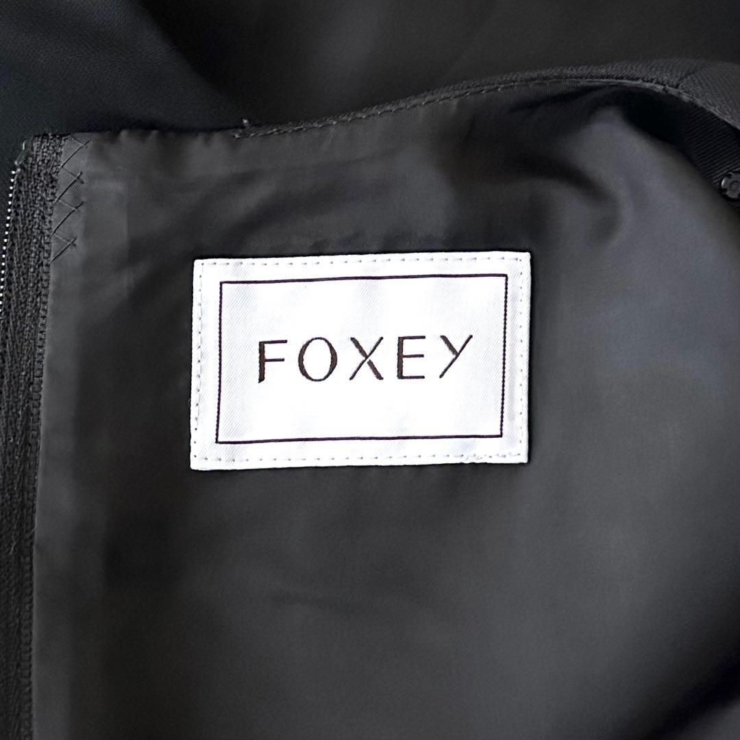 美品 FOXEY グログランリボン ノースリーブ フレア ワンピース 38 黒