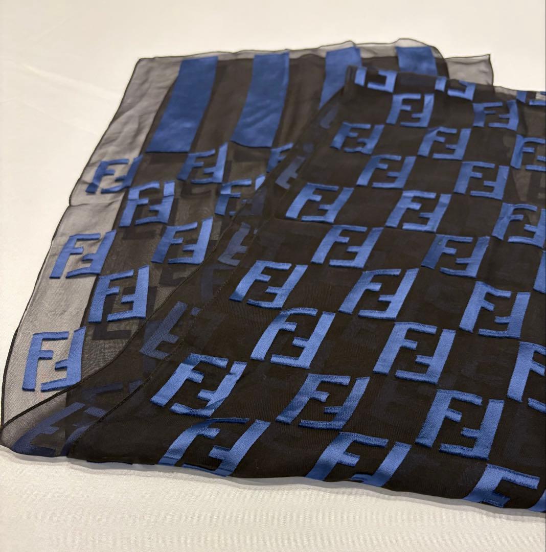 フェンディ☆ズッカ柄ロングストール　　スカーフ　ロゴ　ズッキーノ　シフォン　黒紺