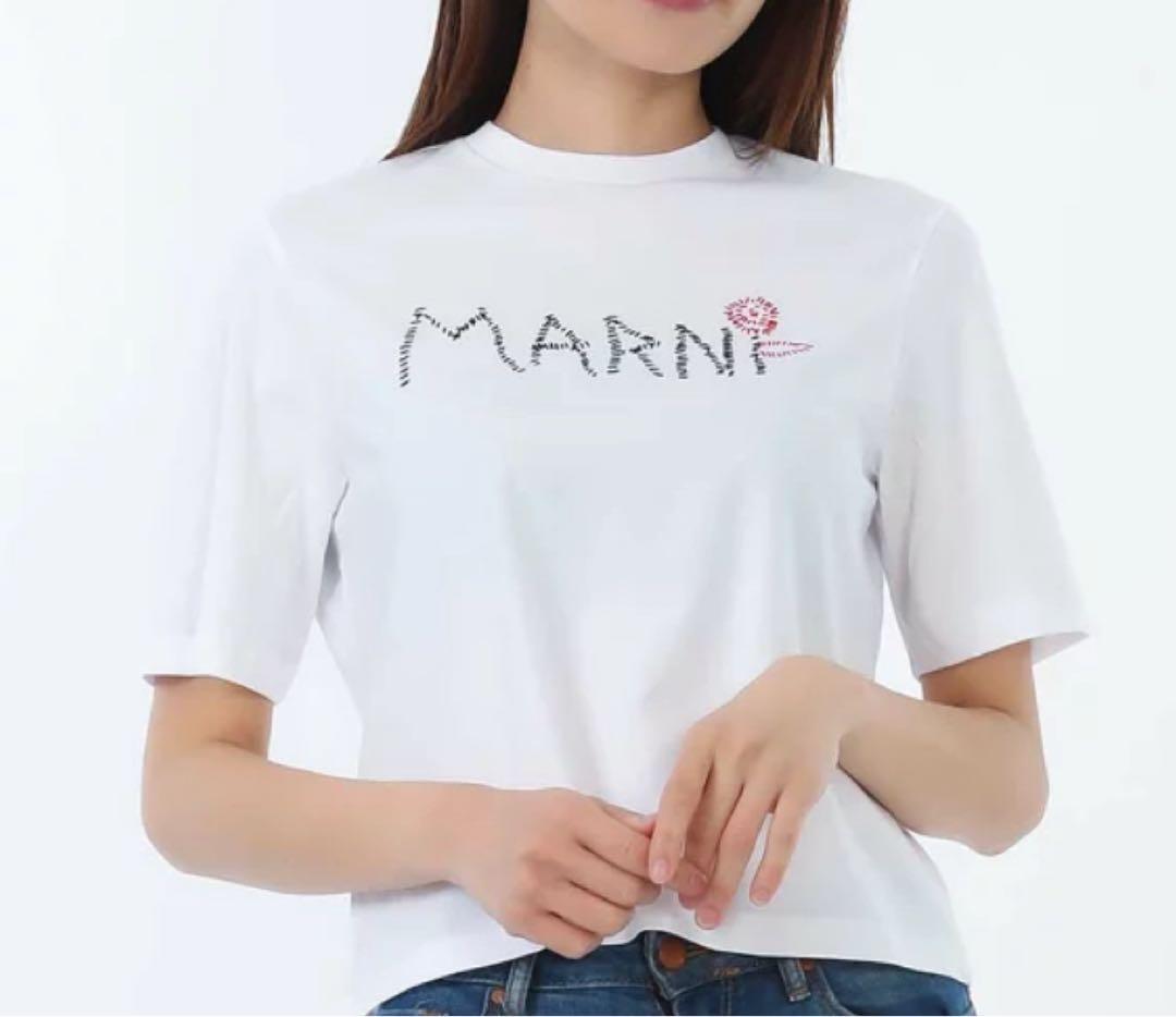 未使用品 タグ付 MARUNI ロゴ刺繍 Tシャツ クルーネック トップス 白