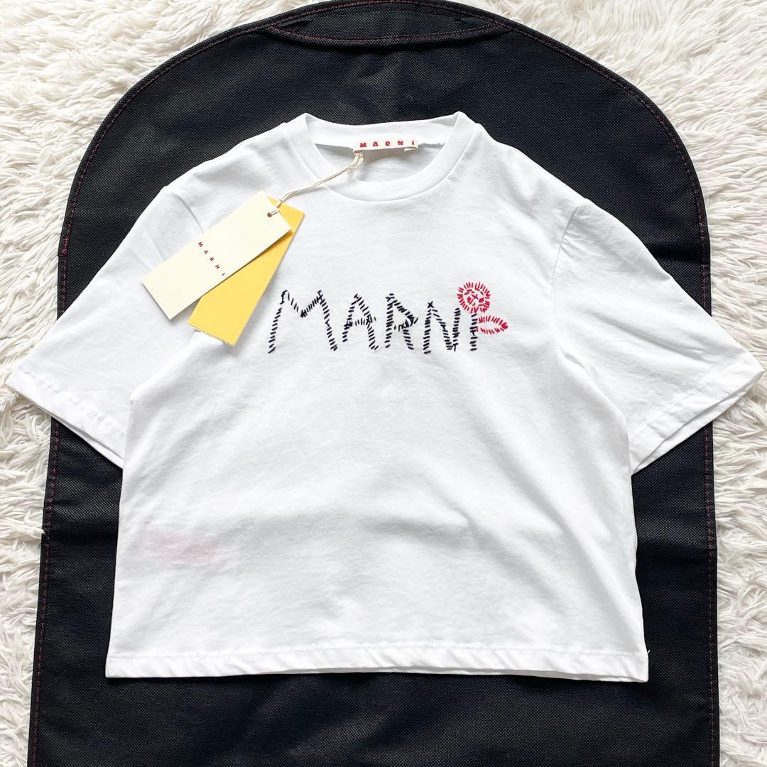未使用品 タグ付 MARUNI ロゴ刺繍 Tシャツ クルーネック トップス 白