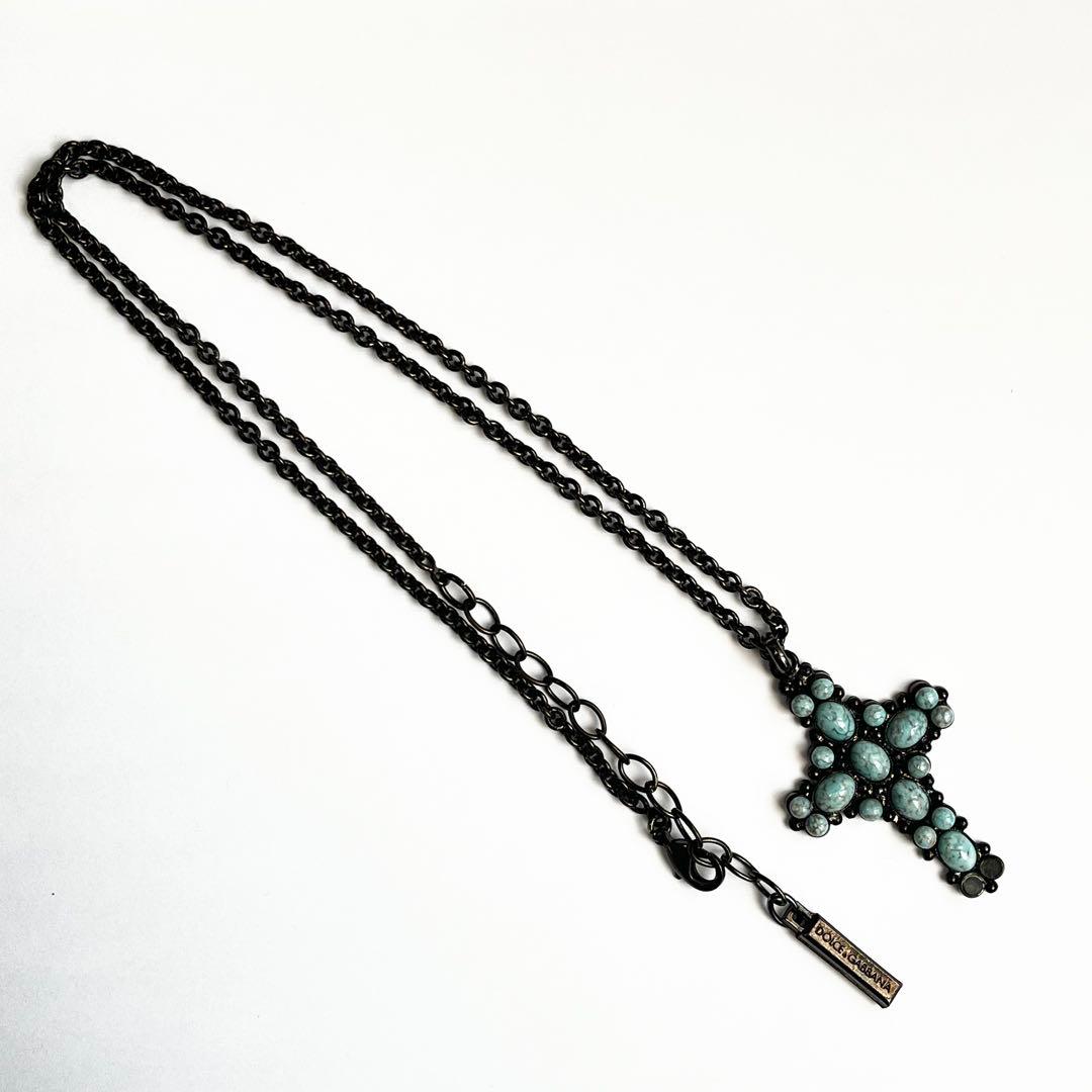 DOLCE&GABBANA クロス ネックレス ターコイズ調 ブラックチェーン
