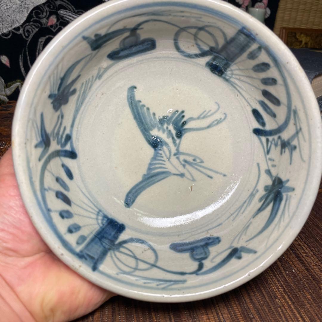 鉢 古伊万里 ？中国明時代？鶴図 染付 古陶磁 小鉢 取り皿 骨董 生活骨董