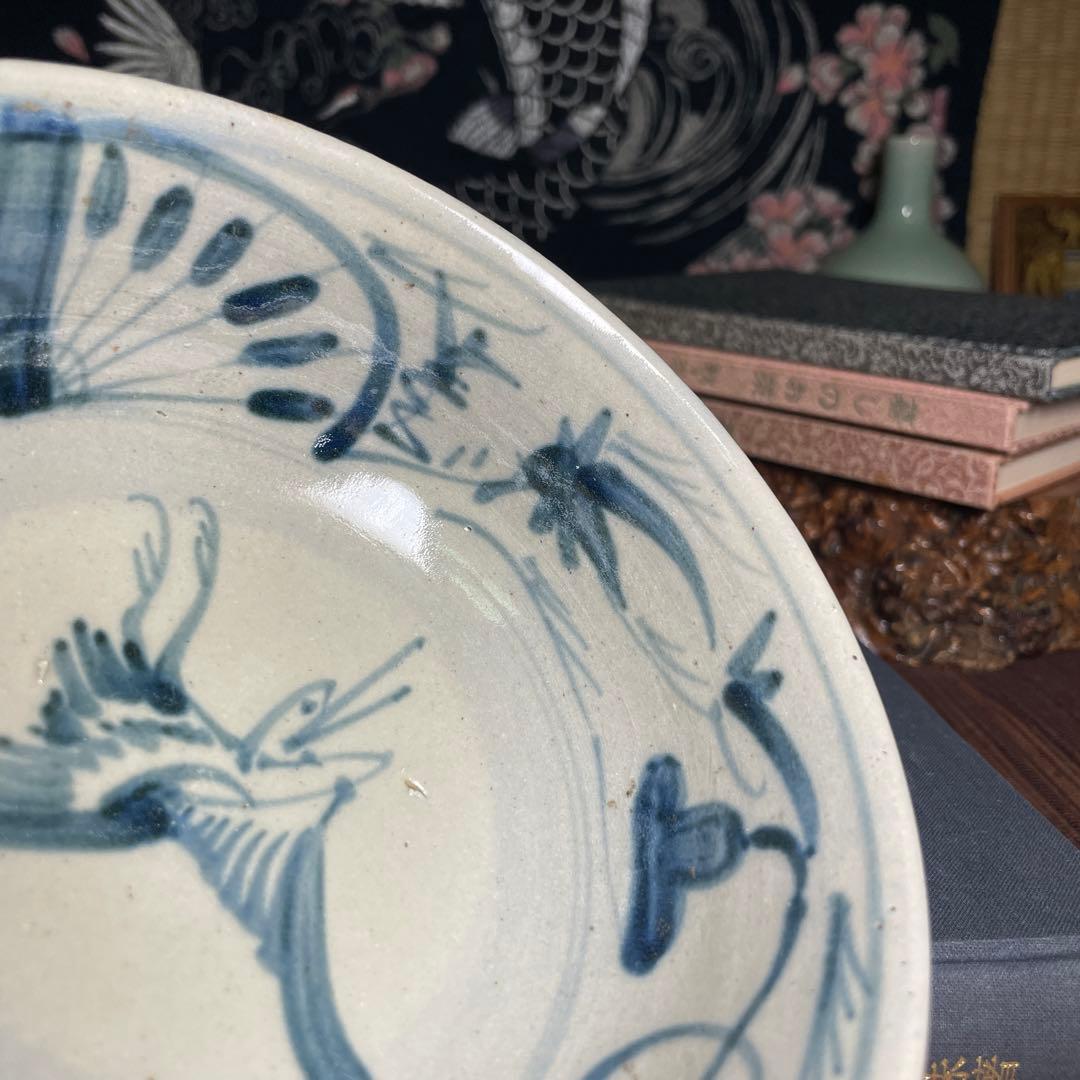 鉢 古伊万里 ？中国明時代？鶴図 染付 古陶磁 小鉢 取り皿 骨董 生活骨董