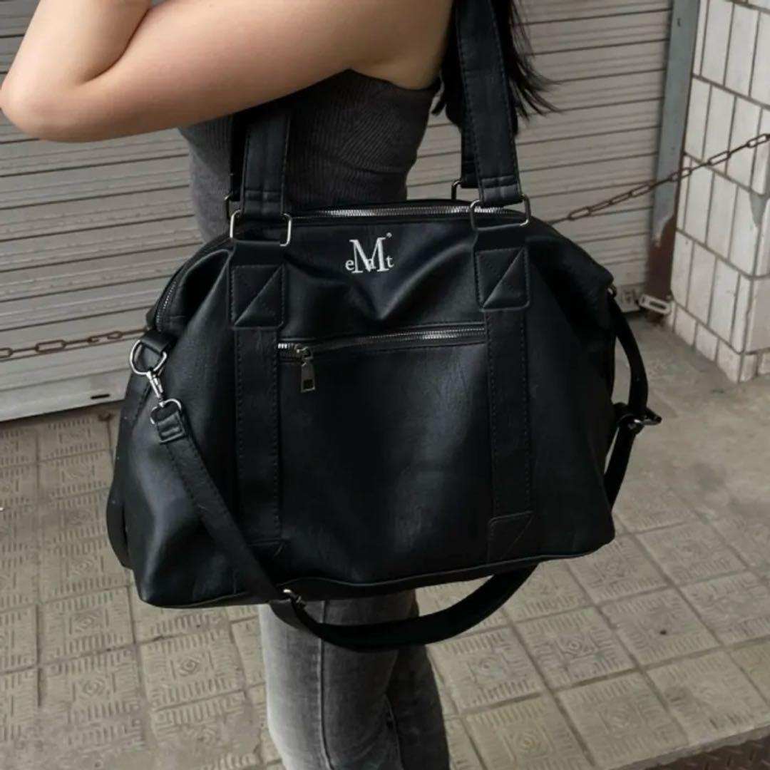 MUCENT ブラックボストンバッグ ショルダーストラップ付き