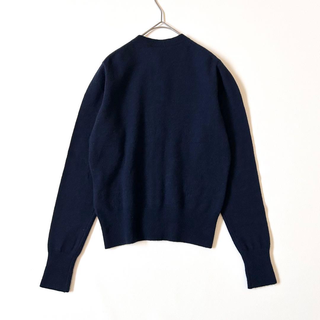 3130y美品45R クルーネックウールリボンカーディガン 紺 L 現行タグ