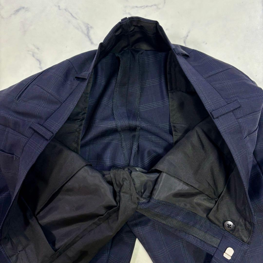 美品 ANGELICO イタリア製生地 メガチェック スーツ ネイビー L相当