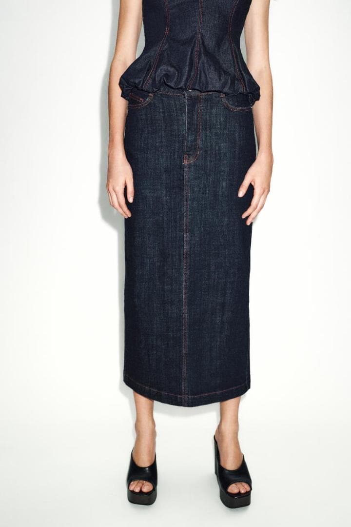 【ZARA】 ミディ丈デニムスカート ハート ブルー M