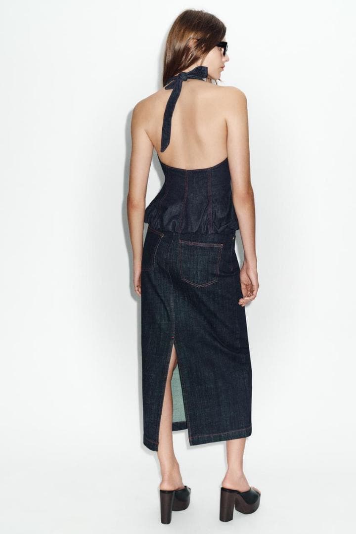 【ZARA】 ミディ丈デニムスカート ハート ブルー M