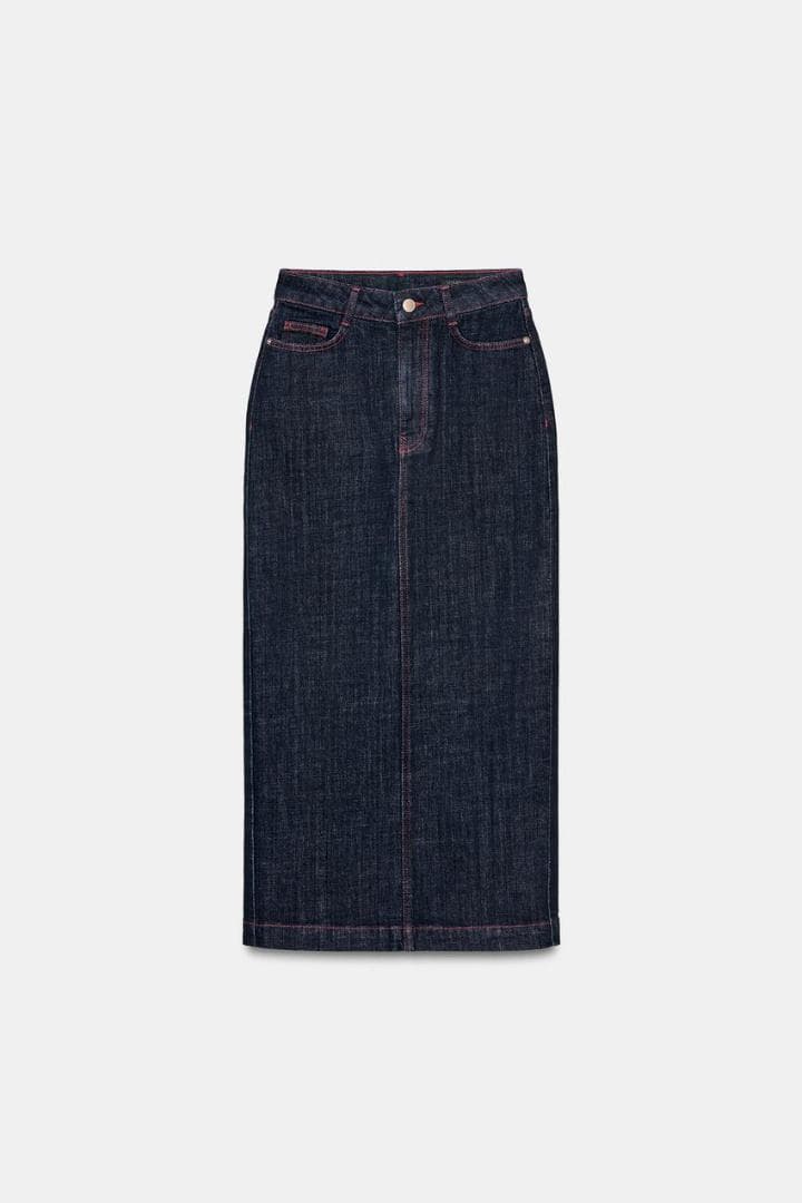 【ZARA】 ミディ丈デニムスカート ハート ブルー M