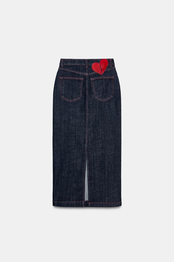 【ZARA】 ミディ丈デニムスカート ハート ブルー M