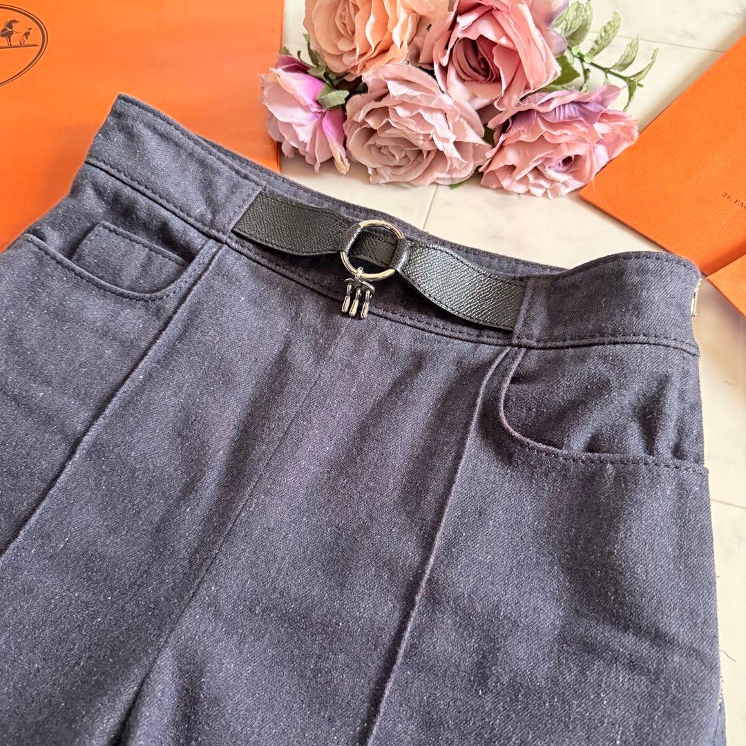 極美品★HERMES デニムパンツ レザーベルトチャーム付き センタータック34