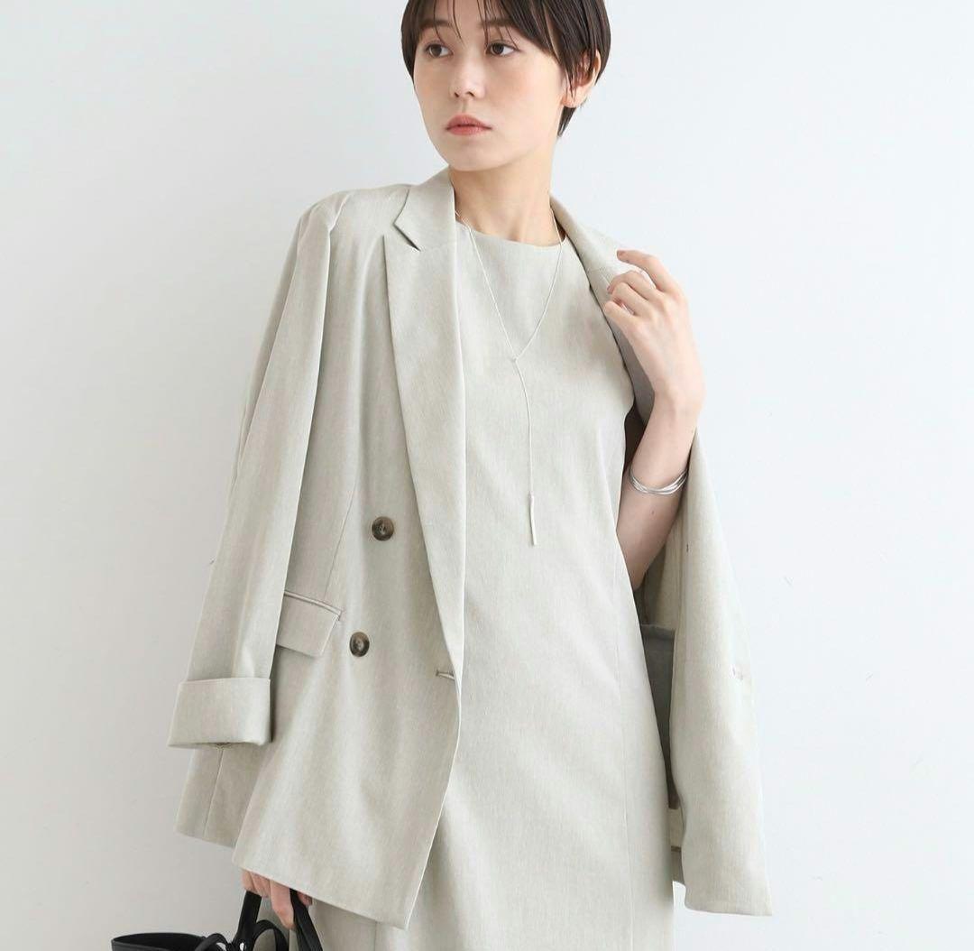 【タグ付き】INDIVI　麻混テーラードダブルジャケット　ライトグレー　日本製