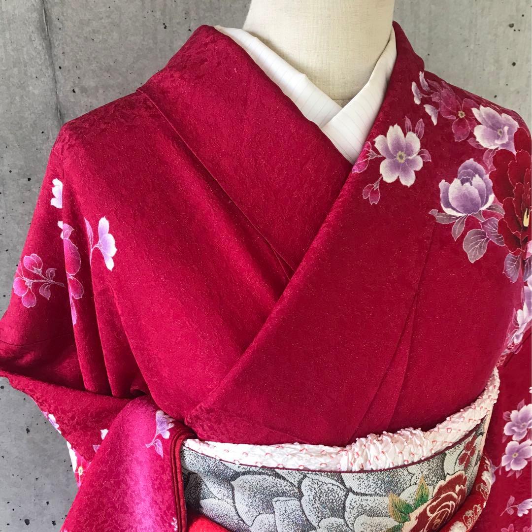 華様【帯付き】正絹　キラキラとした花柄の振袖　花尽くし　袋帯