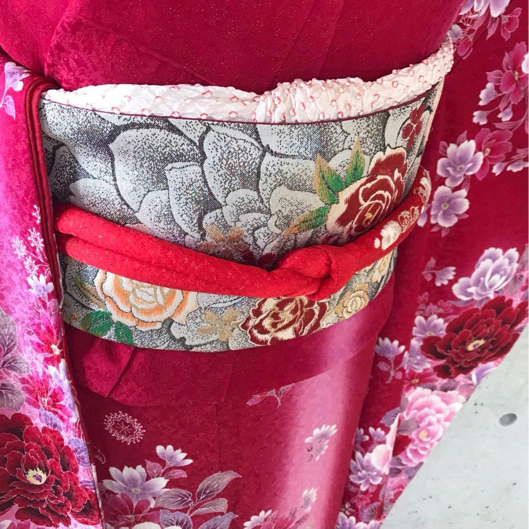 華様【帯付き】正絹　キラキラとした花柄の振袖　花尽くし　袋帯