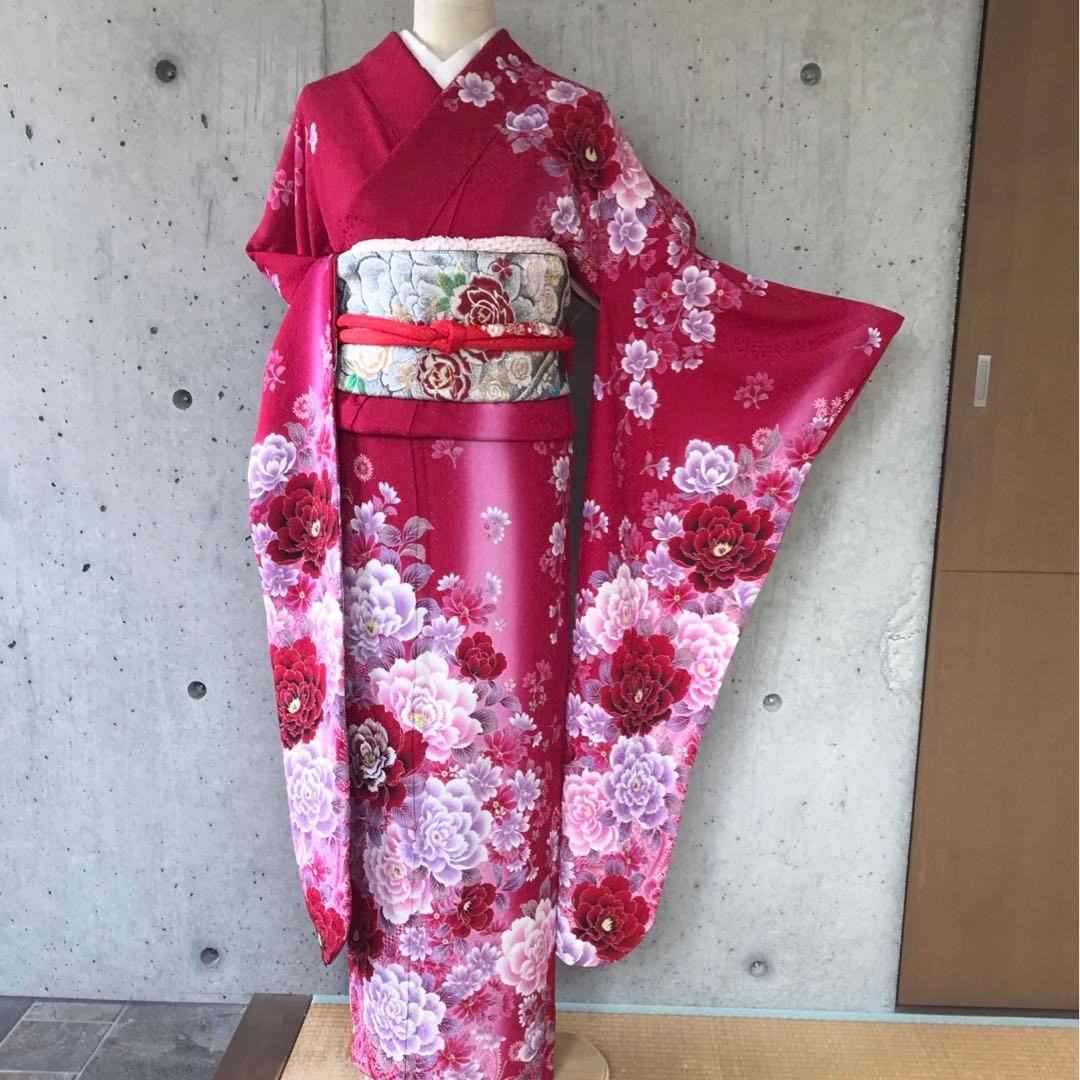 華様【帯付き】正絹　キラキラとした花柄の振袖　花尽くし　袋帯