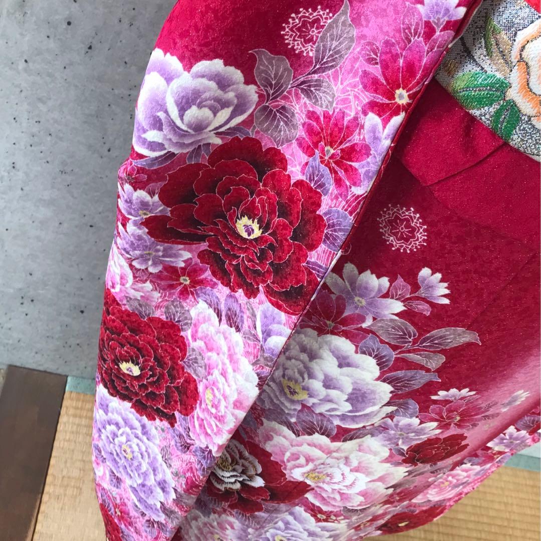 華様【帯付き】正絹　キラキラとした花柄の振袖　花尽くし　袋帯