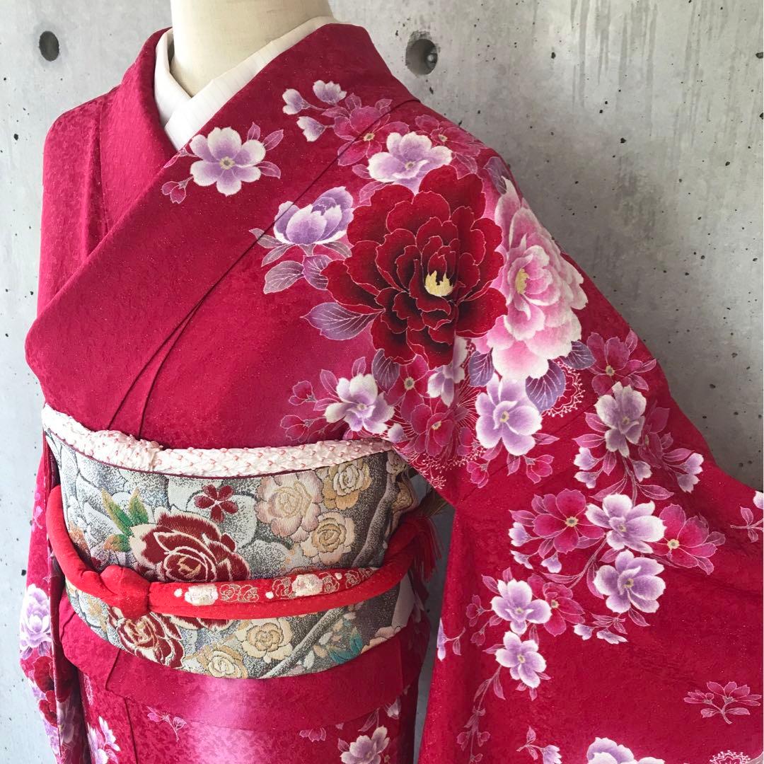 華様【帯付き】正絹　キラキラとした花柄の振袖　花尽くし　袋帯