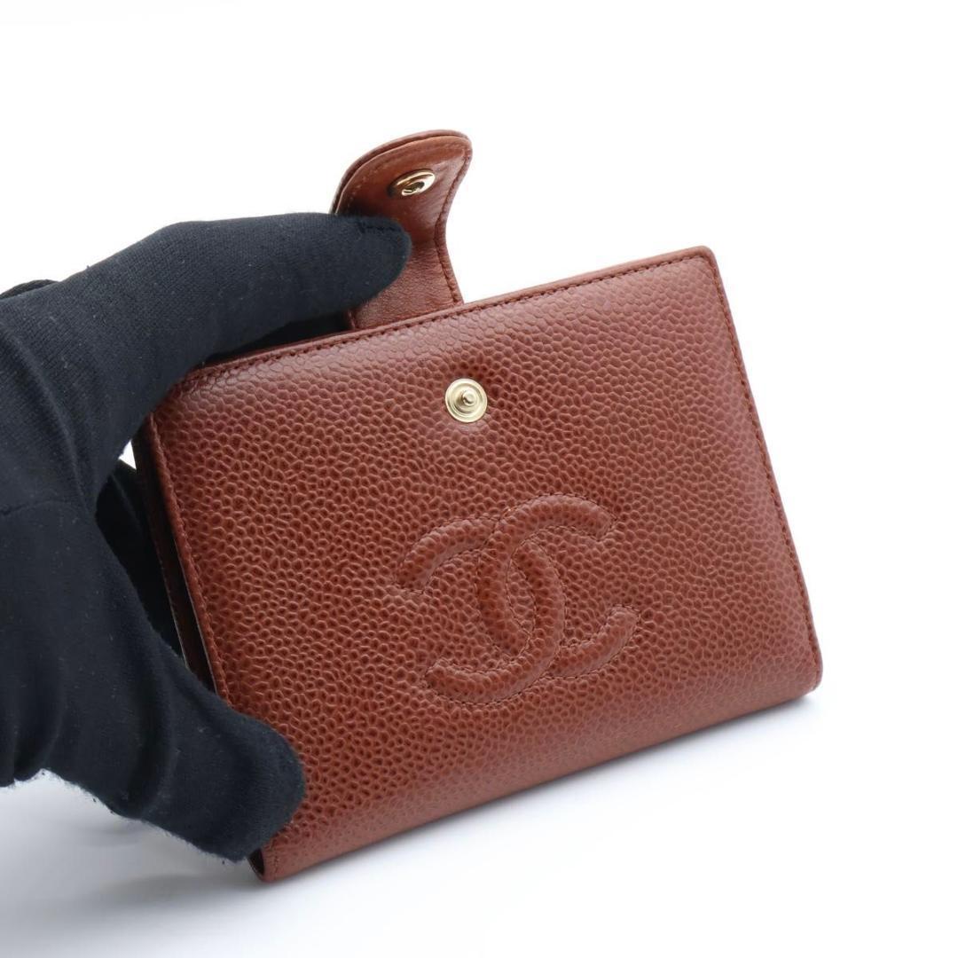 【超極美品】CHANEL キャビアスキン ココマーク がま口二つ折り財布