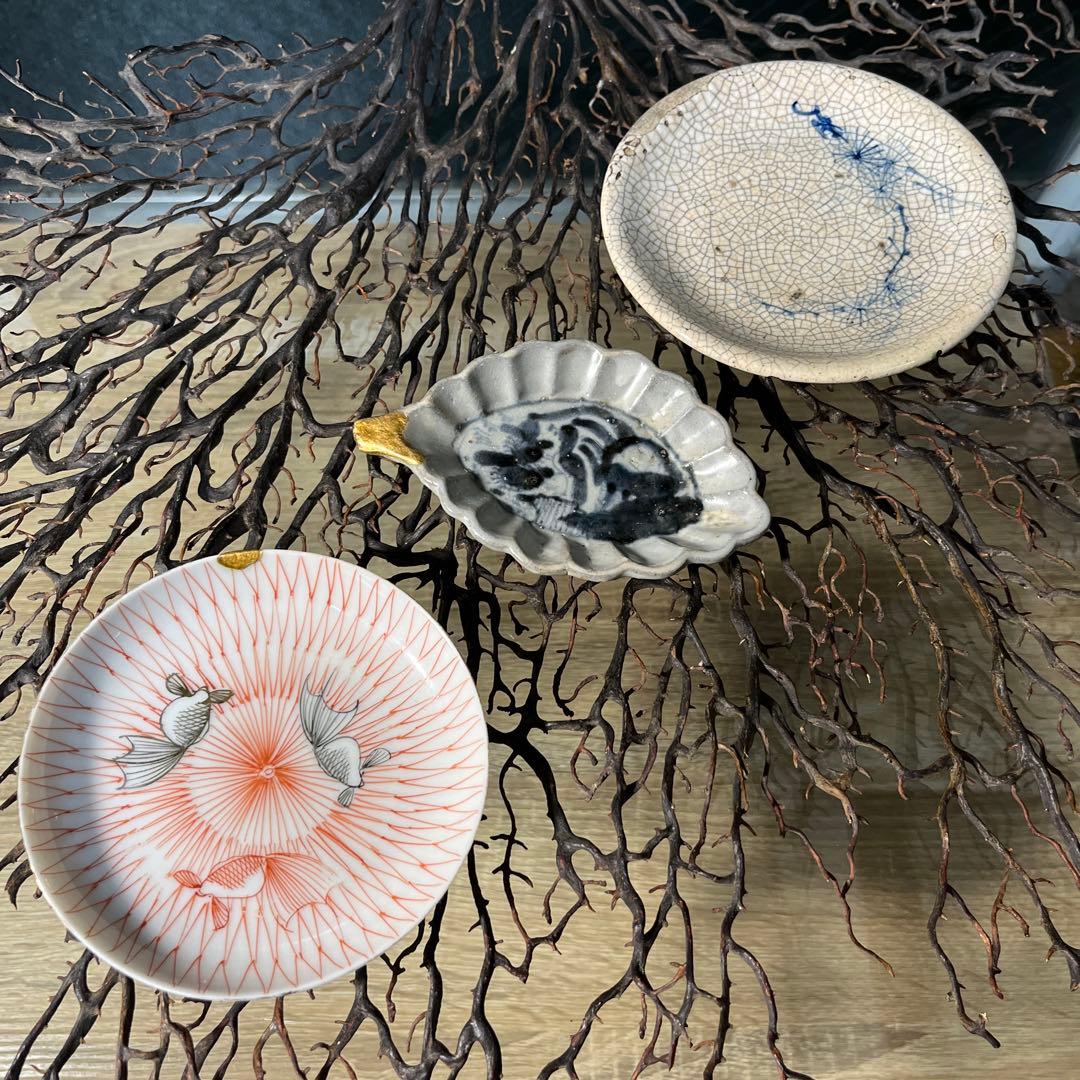 骨董　古瀬戸　古伊万里　古染付　変形　赤絵　呉須　小皿　豆皿　金継ぎ小難あり3種