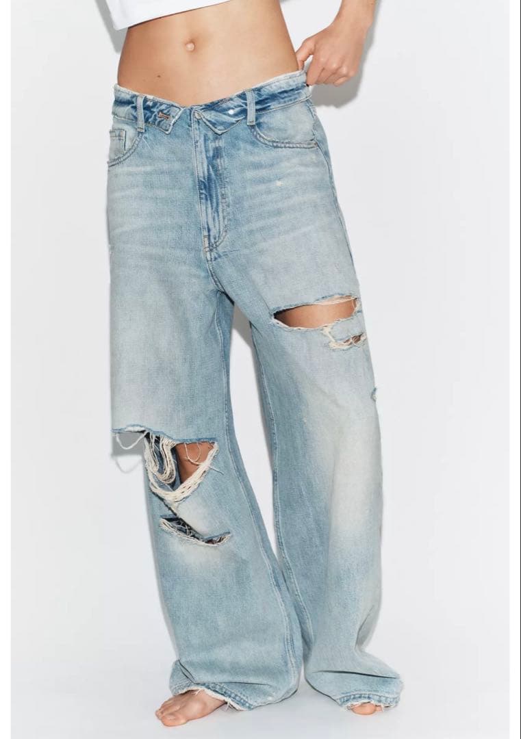 TRF ミッドライズ折り返しウエストデニムパンツ zara