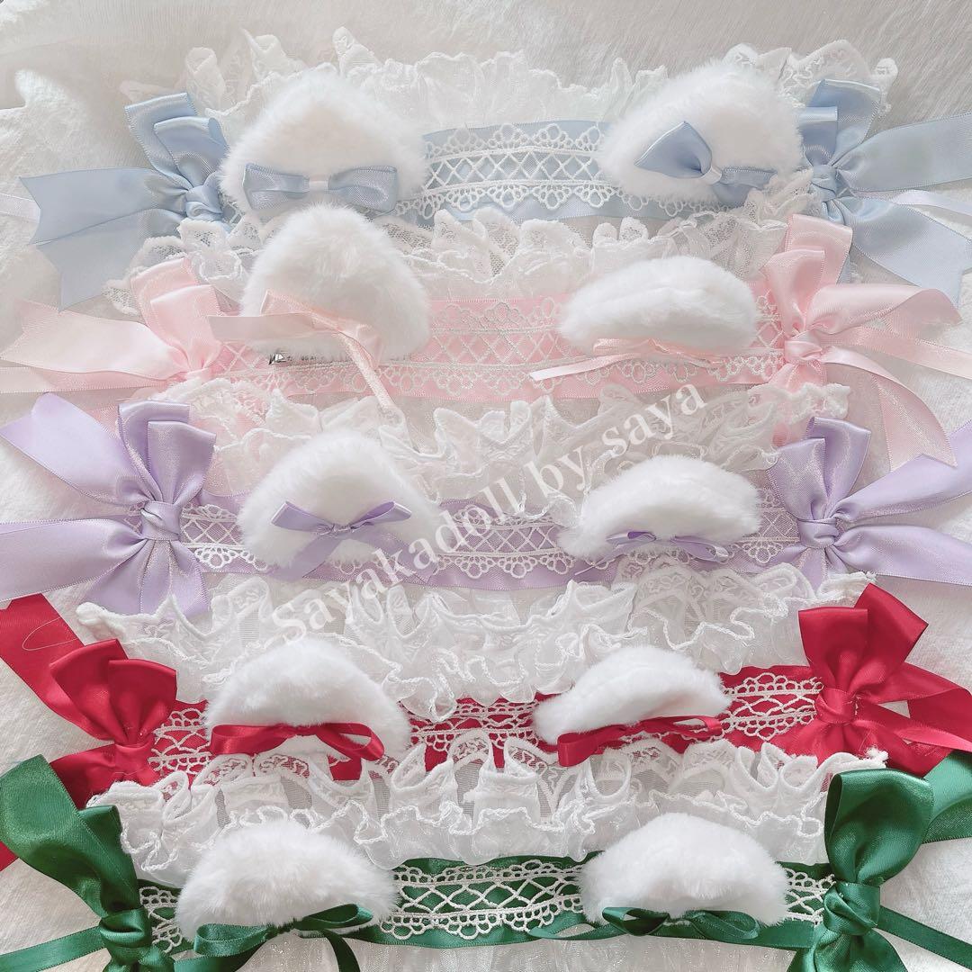 ♡3点　猫耳 フリルレースリボンヘッドドレス 3way light blue ♡