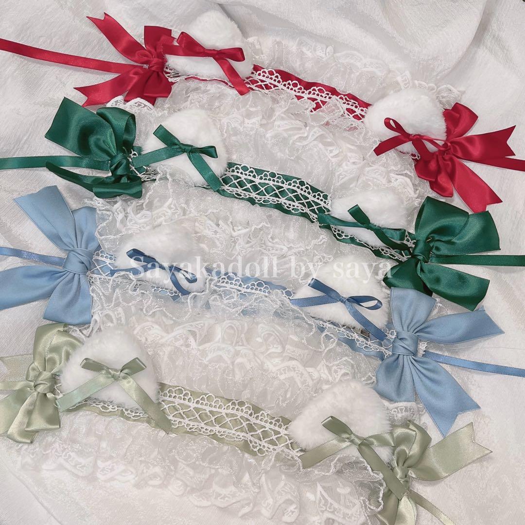 ♡3点　猫耳 フリルレースリボンヘッドドレス 3way light blue ♡