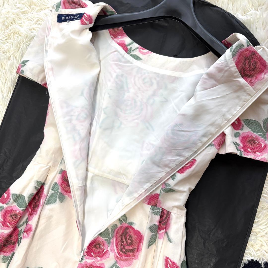 【美品】リボン　薔薇　エムズグレイシー　フレアワンピース　Aライン　上品　38