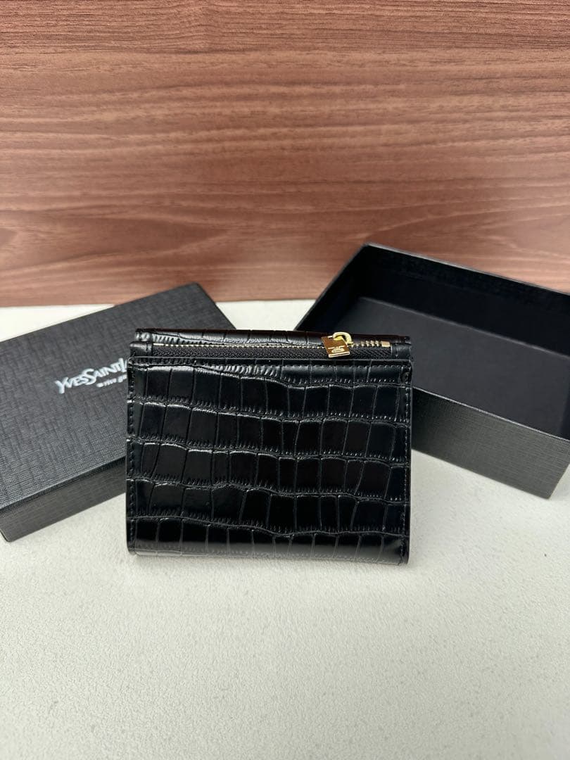 YSL サンローラン クロコ型押し 三つ折り財布 ブラック ゴールド金具