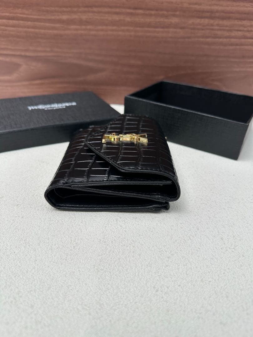 YSL サンローラン クロコ型押し 三つ折り財布 ブラック ゴールド金具