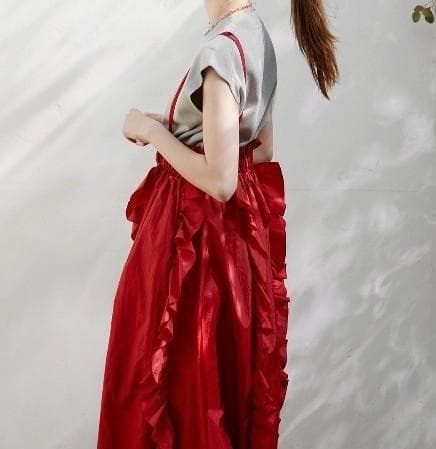 美品　COEL　コエル　フリルサス付きスカート　36　レッド　ロングスカート