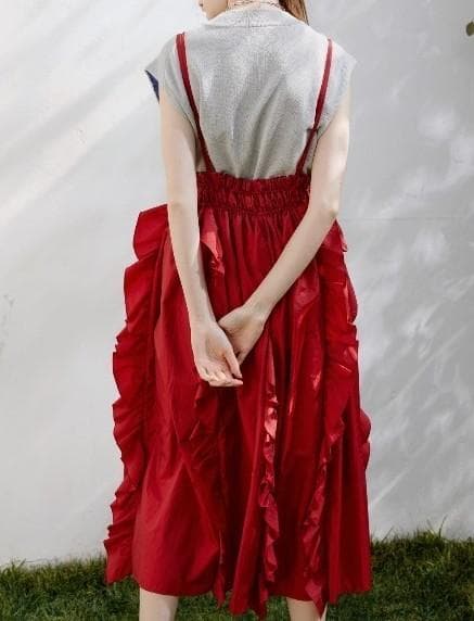 美品　COEL　コエル　フリルサス付きスカート　36　レッド　ロングスカート