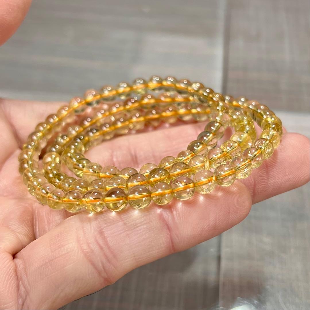 金運強　ルチルクォーツ 3連 ブレスレット ネックレス　透明感がいい　4