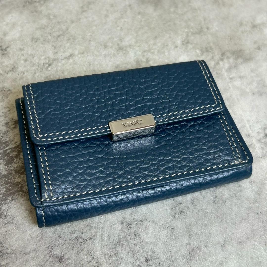 WAKO　レザー 三つ折り財布　コンパクト 青系 箱付 RG555
