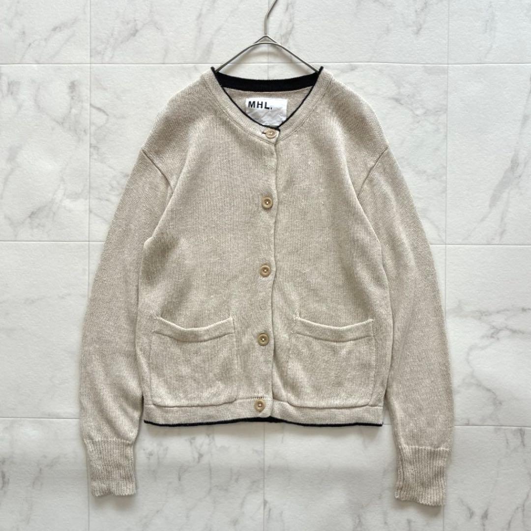 美品 MHL.♡リネン コットン バイカラー カーディガン Ⅱ 麻混 ベージュ黒