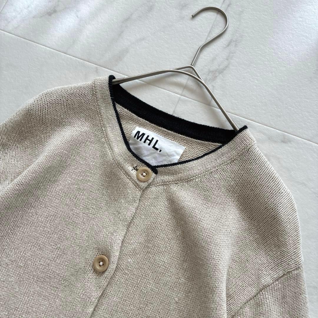 美品 MHL.♡リネン コットン バイカラー カーディガン Ⅱ 麻混 ベージュ黒