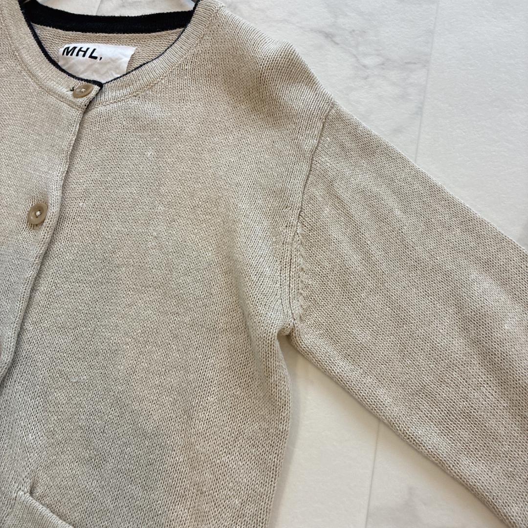 美品 MHL.♡リネン コットン バイカラー カーディガン Ⅱ 麻混 ベージュ黒