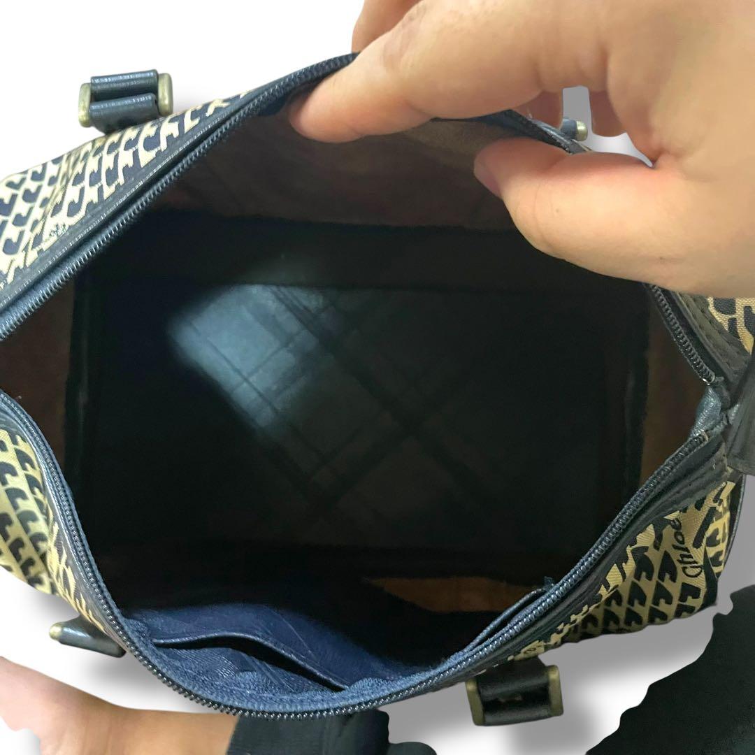 【美品】クロエ ハンドバッグ モノグラム キャンバス レザー ブラック ネイビー