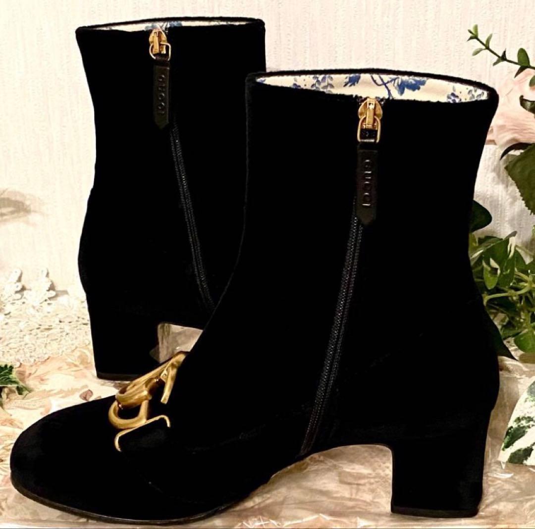 GUCCI グッチ GGマーモント ベロア×レザー ショートブーツ 36 黒
